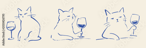Fotografía Hand drawn doodle sketch cat holding wine glass, cute feline character enjoying a drink in relaxed playful pose