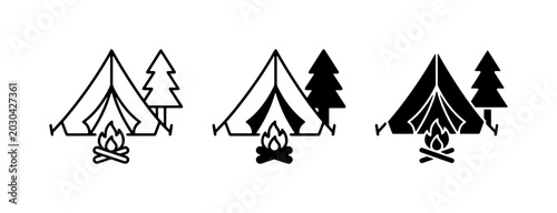 Foto Camping Icons: Tent, Campfire, Tree Set