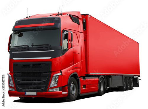 A modern European truck with a cab and semi-trailer in full red. Front side view isolated on white background.