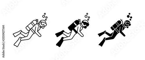 Konstfotografi Scuba Diver Icons, Underwater Exploration Vector Set, Ocean Adventure