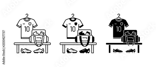Soccer Gear Icons: Jersey, Bag, Cleats. Sports Equipment Set.