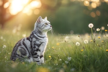 Elegant silver tabby cat sits gracefully in a lush green meadow while observing a delicate dandelion during a warm glowing sunset in this beautiful and serene high quality artistic photograph