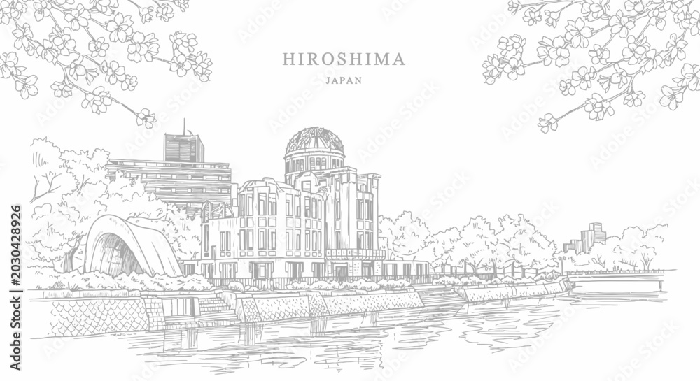 Obraz premium Line art illustration of the Hiroshima Peace Memorial with cherry blossoms framing the top corners and a river in front