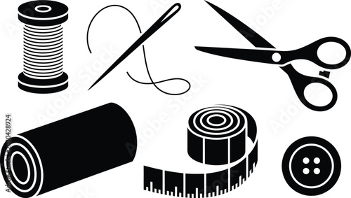 Cuadro en lienzo Collection of essential sewing tools and haberdashery items in black silhouette