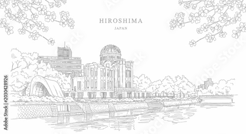 Bild auf Leinwand Line art illustration of the Hiroshima Peace Memorial with cherry blossoms frami