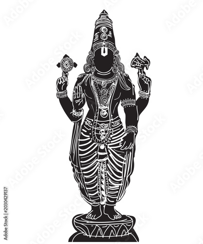 Traditional Hindu Lord Venkateswara Black and White Temple Statue Illustration