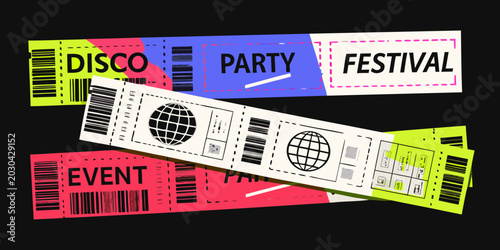 event tickets disco party and festival passes colorful design