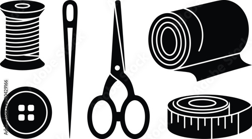 Fotografía Sewing kit icons: thread spool needle scissors fabric roll measuring tape button