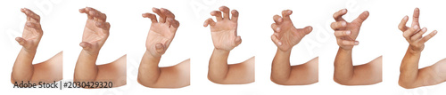 Group of Male asian worker hand gestures isolated over the white background. Grab Thing.