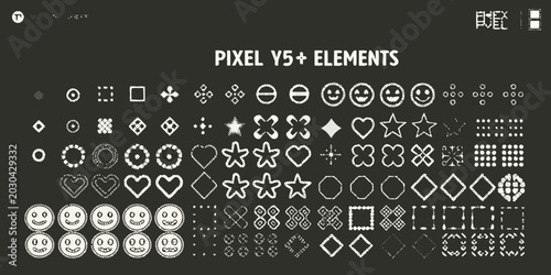 pixel art geometric shapes and icons collection on black background