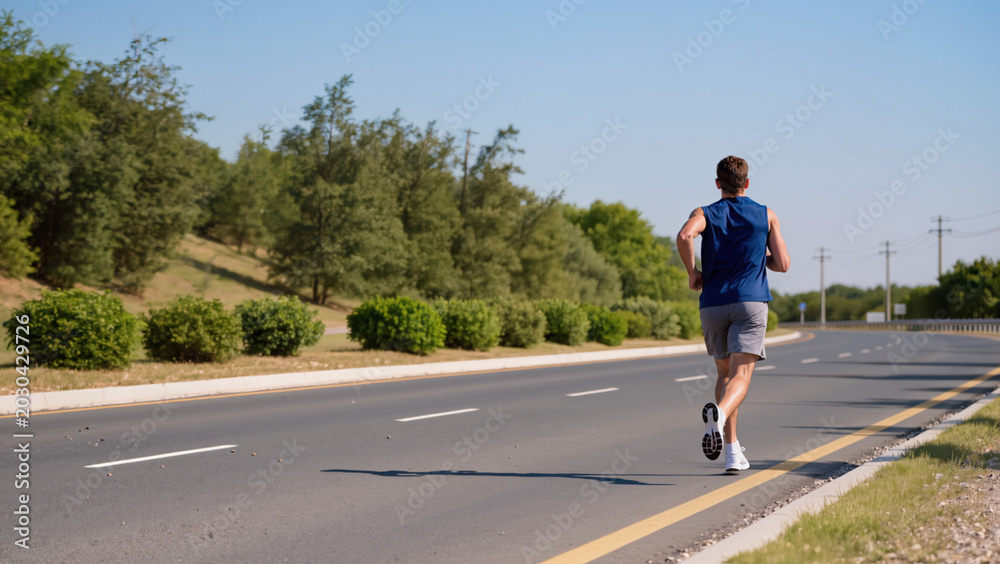 Obraz premium Urban Fitness Routine Running Along the City Park Morning Jog on Asphalt Road Road Training Session City Runner Perspective Speed and Endurance Workout Athletic Stride on the Street