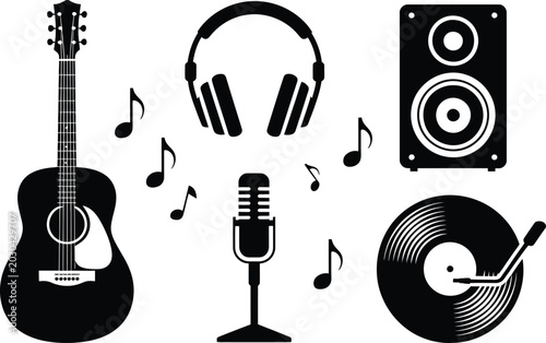 Black silhouettes of musical instruments and audio equipment including acoustic guitar headphones microphone speaker vinyl record music notes on white background with instrument acoustic festival