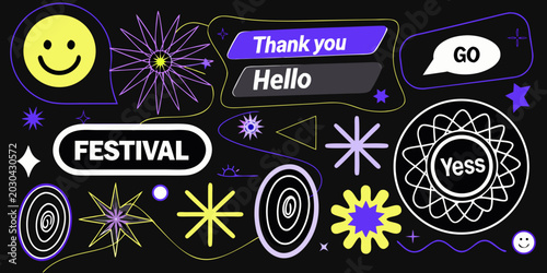 y2k style sticker collection with playful shapes and text