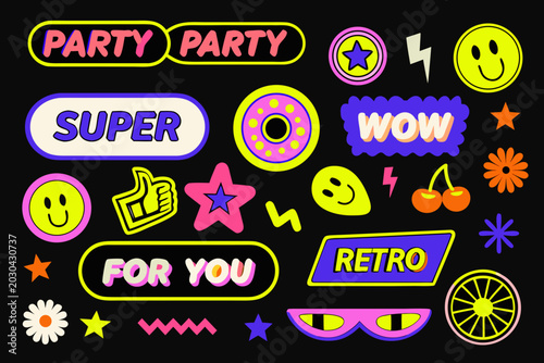 y2k style sticker collection with retro text and graphic elements