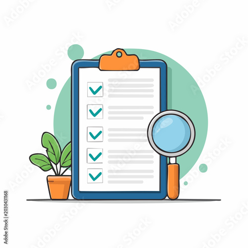 Clipboard with Checklist and Magnifying Glass
