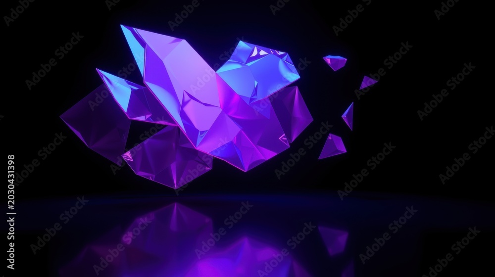Obraz premium Abstract crystal formations glow, purple hues dominate. Reflections mirror shapes below, creating dramatic visual impact. Minimalist design.