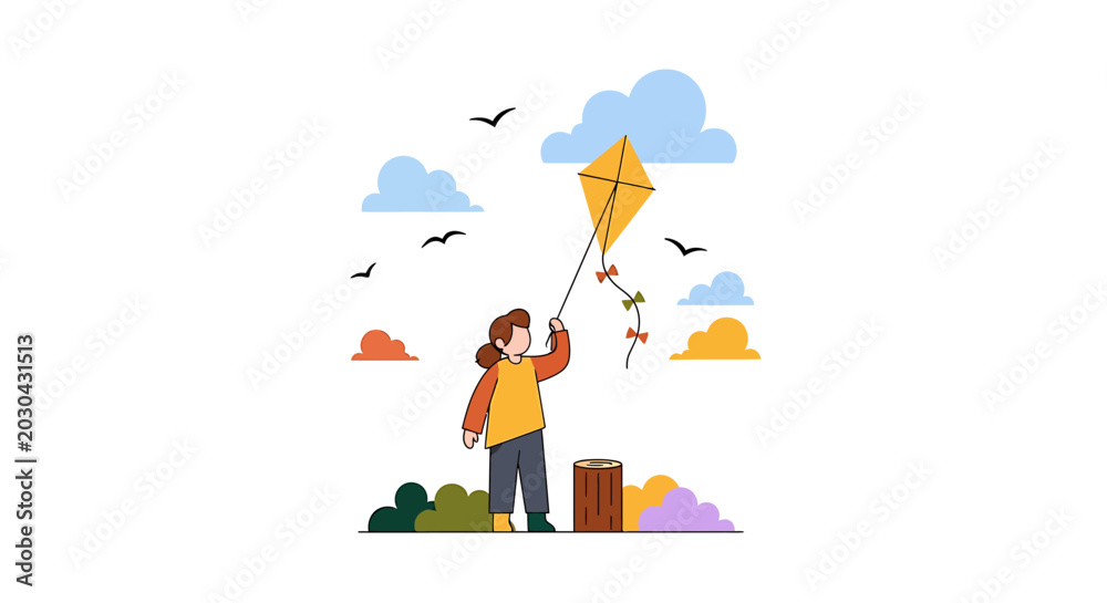 Fototapeta premium Young girl flying a yellow kite outdoors on a sunny day.