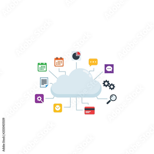 Business cloud computing illustration with various service icons