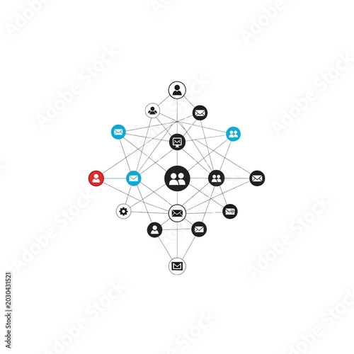 Business communication network diagram with people and mail icons