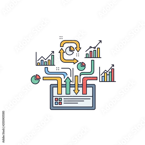 Business data analysis dashboard with colorful charts and financial graphs