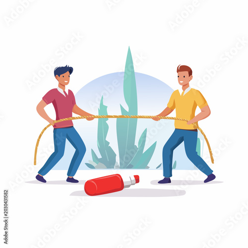 Two men playing tug of war with a marker on the ground