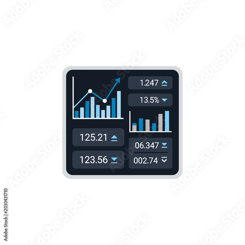 Business data dashboard with bar charts and line graphs