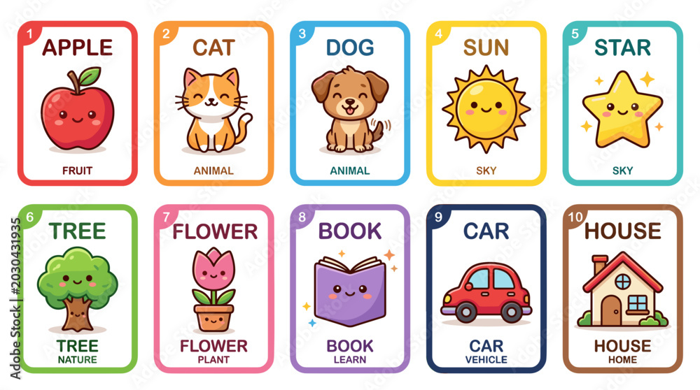 Obraz premium Collection of colorful cartoon icons representing various objects and animals