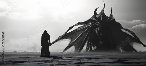 art of behemoth demon a black and white high contrast full body. Generative AI