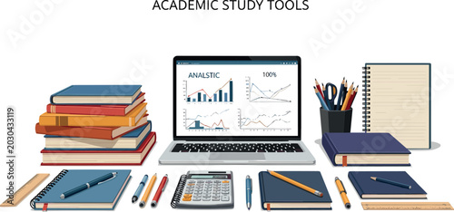 Academic Study Tools Vector Illustration with Laptop Analytics Dashboard, Books, Calculator, Notebook, and School Supplies Workspace