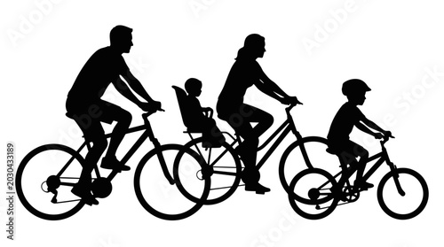 Silhouettes of a family riding bicycles together on a trail