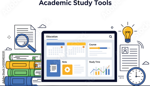 Academic Study Tools Vector Illustration with Online Education Dashboard, Books, Clock, Magnifier, and Digital Learning Interface