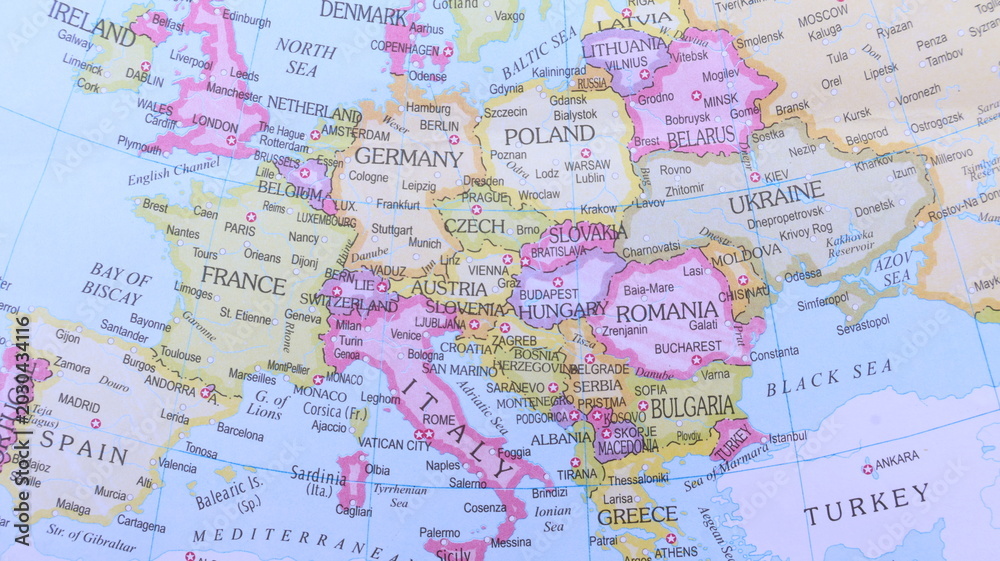 Obraz premium Colorful map of Central and Eastern Europe, highlighting Germany, Poland, Ukraine, and the Baltic states, ideal for travel and geopolitical themes.