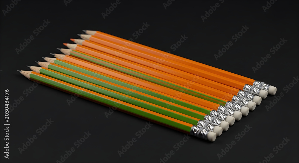 Fototapeta premium A collection of orange and green pencils with silver erasers on a black surface