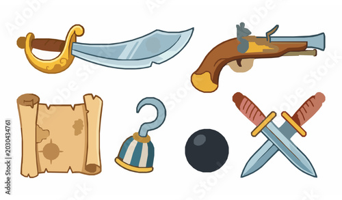 Bild auf Leinwand Cartoon pirate weapons collection vector with sword pistol and adventure accesso