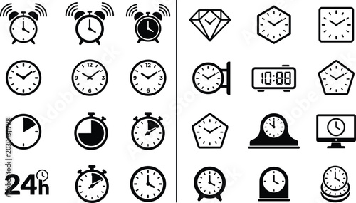 Bild auf Leinwand Assorted clock and time icons in a clean minimalist black and white graphic desi