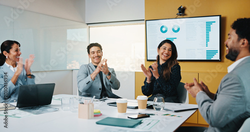 Tableau sur toile Business people, team and applause in company for success, sales growth and financial achievement