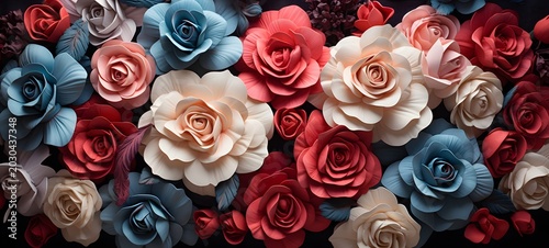 hyper realistic photorealistic distant top-down view of a vast surface densely covered with real roses in a soft mix of red. Generative AI