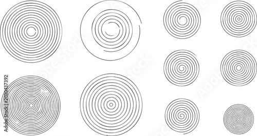 Foto Abstract line art design of concentric circular pattern set with central nested ring and surrounding six evenly spaced geometric circle elements