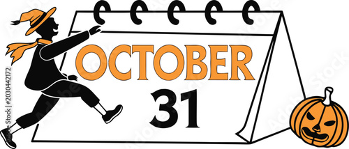 Photos Halloween calendar page showing october 31 with a jumping witch and a jackolante