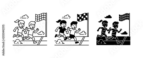 Children Running Race to Finish Line, Sports Competition Vector Icons, Kids Athletics Event