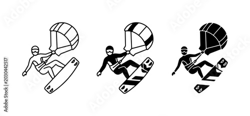 Kitesurfing Icons Set: Dynamic Water Sports Action, Extreme Sports Vector Graphics, Kiteboarding Adventure