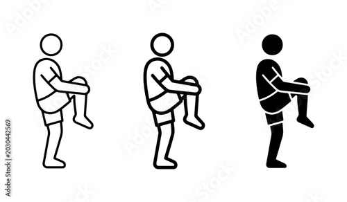 Fitness Icons Set: Standing Knee Raise Exercise, Silhouette, Line Art, Vector Graphics for Health and Wellness