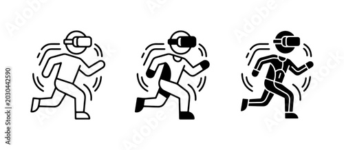 Virtual Reality Runner Icons, VR Headset Figure Motion, Immersive Technology Graphics