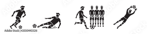 Foto Set of four solid black soccer player icons featuring dribbling, sliding tackle, free kick against defensive wall, and goalkeeper save