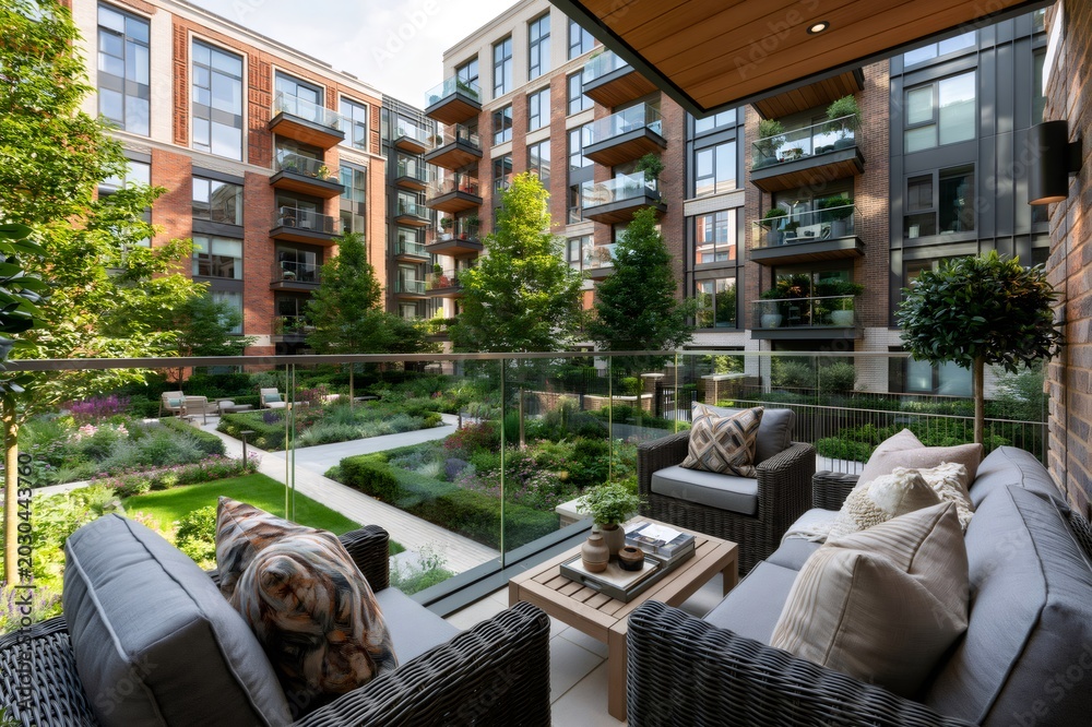 Fototapeta premium Balcony terrace overlooking modern apartment building garden