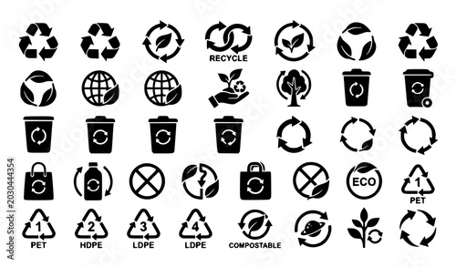 Fotografie Black Recycle Icon Vector Set Eco Sustainability Symbols EPS10