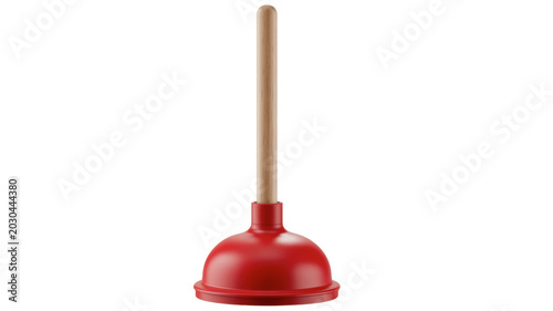 Red rubber sink plunger with wooden handle on clean background isolated on transparent background