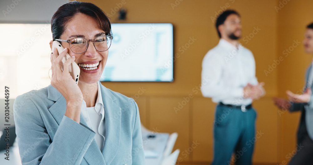Fototapeta premium Phone call, laugh and businesswoman in office with communication for finance negotiation. Cellphone, happy and female financial manager on mobile discussion for investment proposal in workplace.