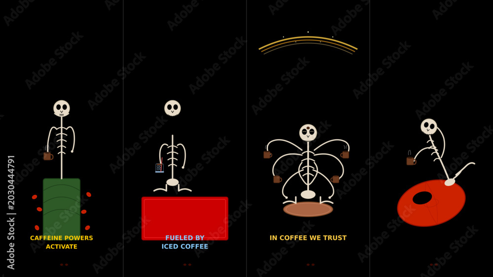 Fototapeta premium Skeleton Character Energized by Coffee Consumption on Black Background