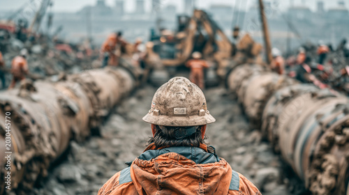 Behind-the-shoulder view of an industrial worker wearing a dirty hard hat, looking forward at a complex industrial construction site with massive twin pipeline sections.